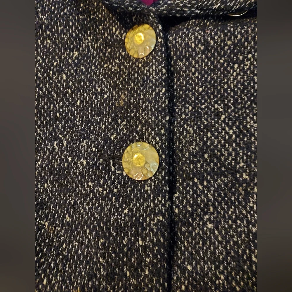 CAbi Tie Front Wool Blend Lined Tweed Vest With Gold Butons - Black/Pink - Picture 9 of 10